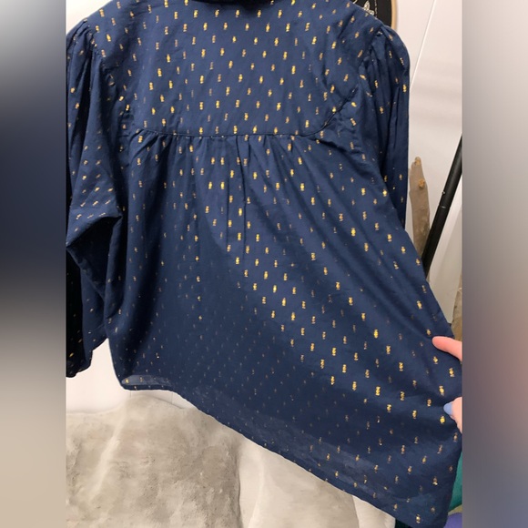 Emerson Fry India Collection Emmaline Top Blue Gold Metallic Blouse Maritime Dot - Picture 16 of 16